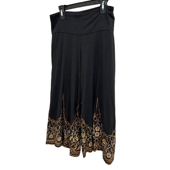 Assa USA Womens Boho Black Wide Leg Pants Decorated Embroidered Hem Sz S - Picture 3 of 8
